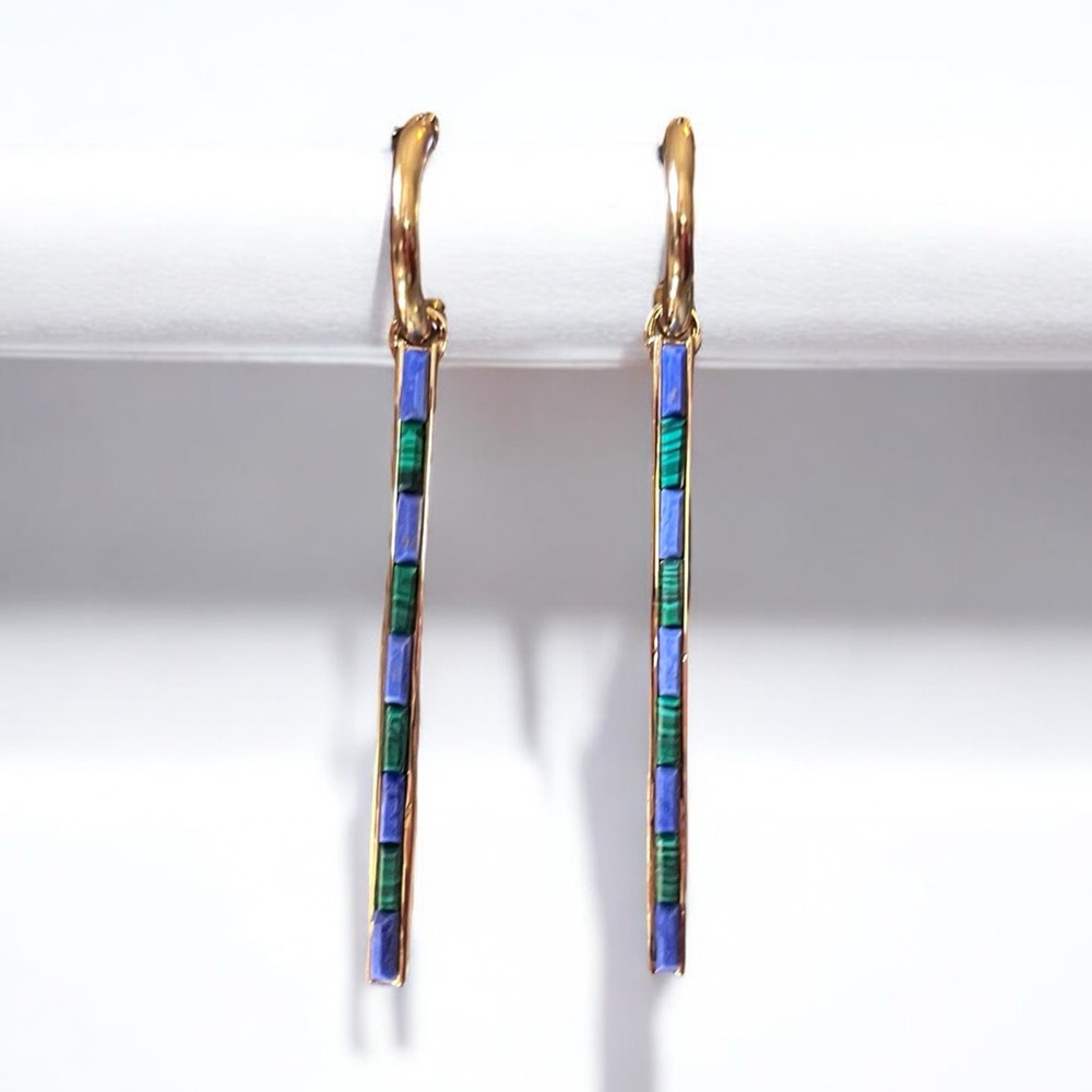 BOTKIER Gold Mini Hoops with Lapis and Jade Linear Gemstone Dangle Bar Earrings